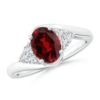 8x6mm AAAA Oval Garnet Bypass Ring with Trio Diamond Accents in White Gold