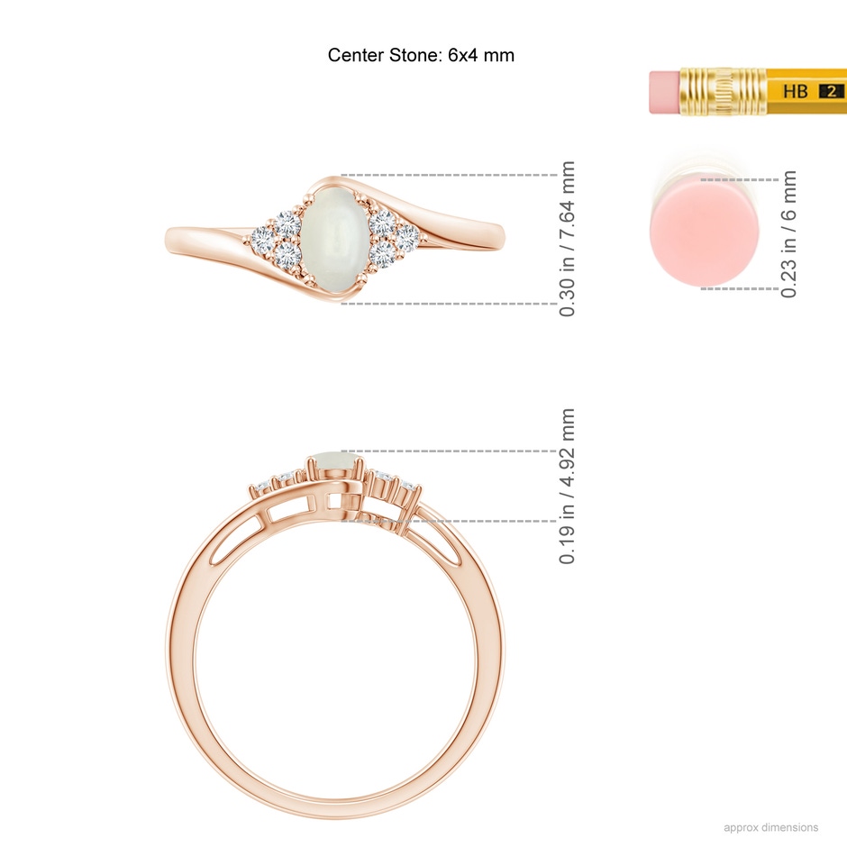 6x4mm AAAA Oval Moonstone Bypass Ring with Trio Diamond Accents in Rose Gold ruler