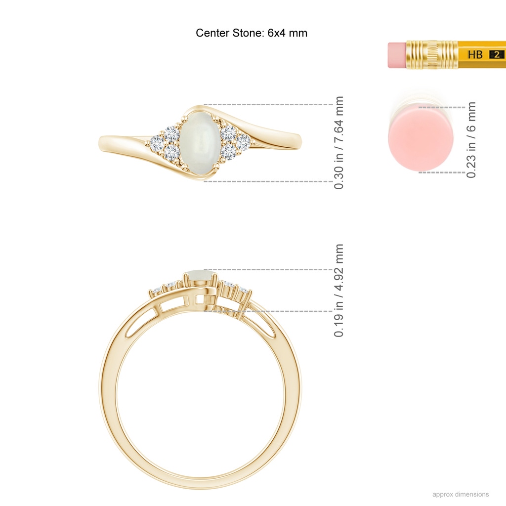 6x4mm AAAA Oval Moonstone Bypass Ring with Trio Diamond Accents in Yellow Gold Ruler