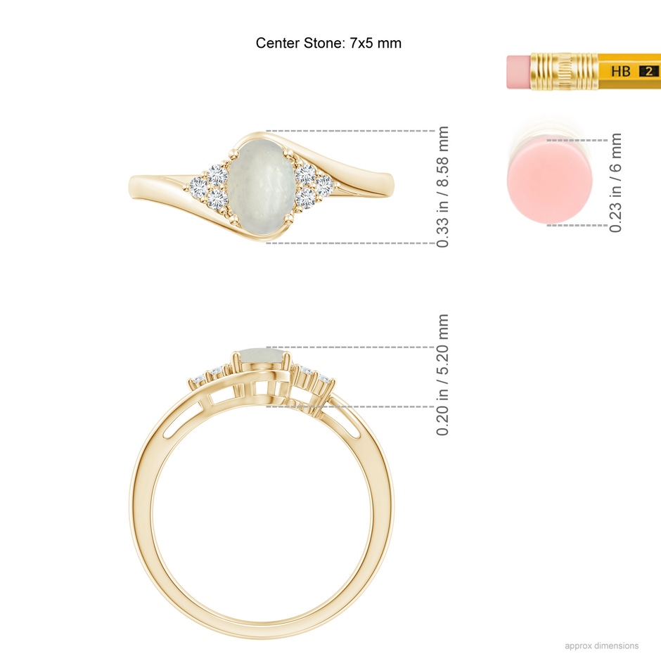 7x5mm A Oval Moonstone Bypass Ring with Trio Diamond Accents in Yellow Gold ruler