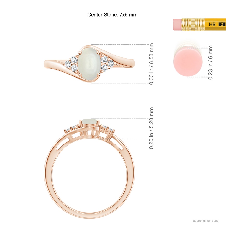 7x5mm AAAA Oval Moonstone Bypass Ring with Trio Diamond Accents in Rose Gold ruler