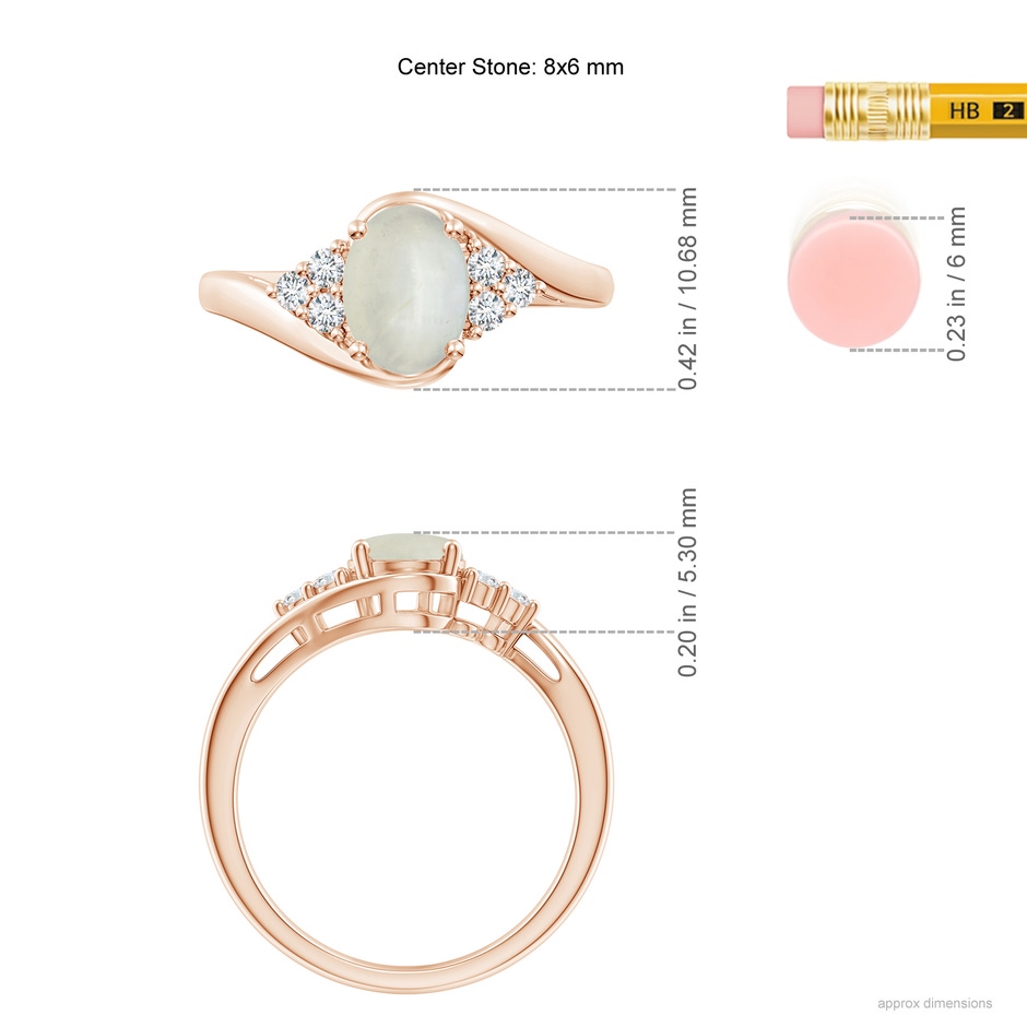 8x6mm AA Oval Moonstone Bypass Ring with Trio Diamond Accents in Rose Gold ruler