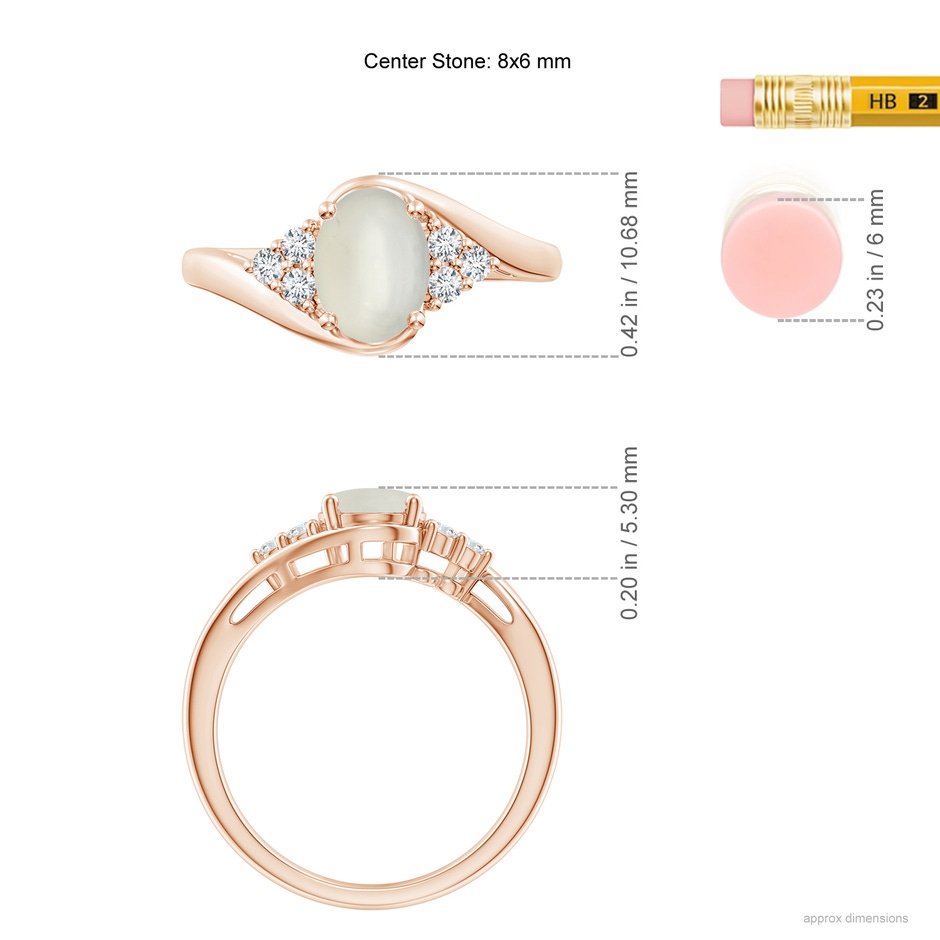 8x6mm AAA Oval Moonstone Bypass Ring with Trio Diamond Accents in Rose Gold ruler