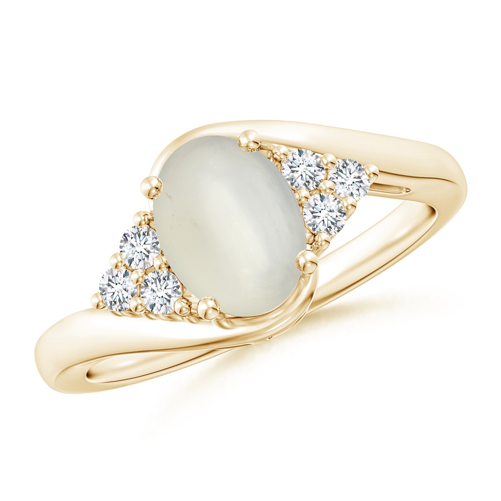8x6mm AAA Oval Moonstone Bypass Ring with Trio Diamond Accents in Yellow Gold