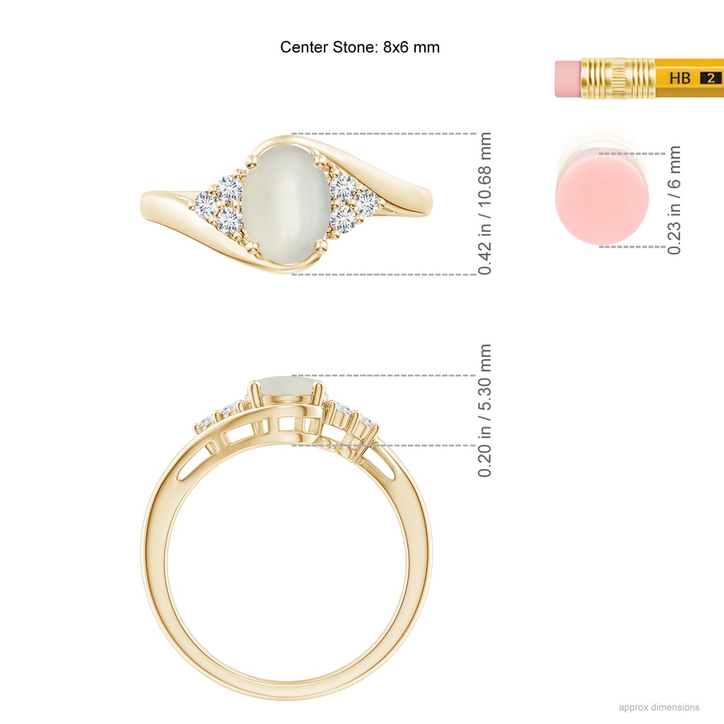 8x6mm AAA Oval Moonstone Bypass Ring with Trio Diamond Accents in Yellow Gold Ruler