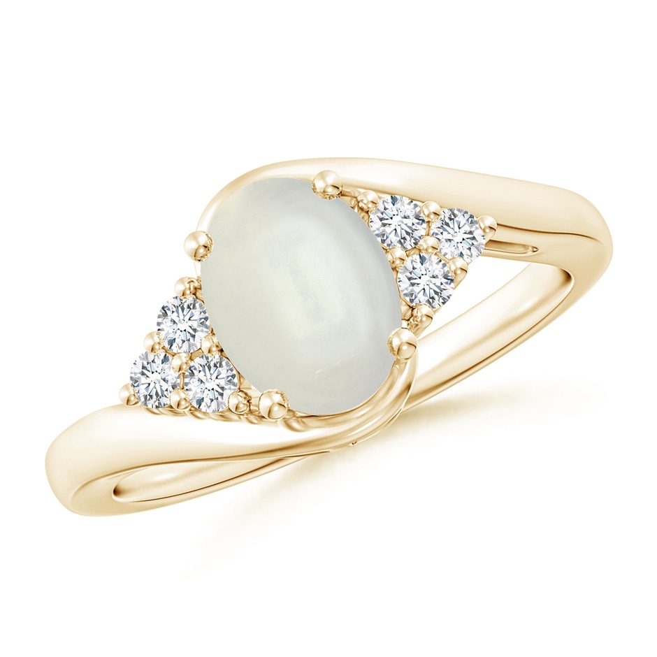 8x6mm AAAA Oval Moonstone Bypass Ring with Trio Diamond Accents in Yellow Gold 