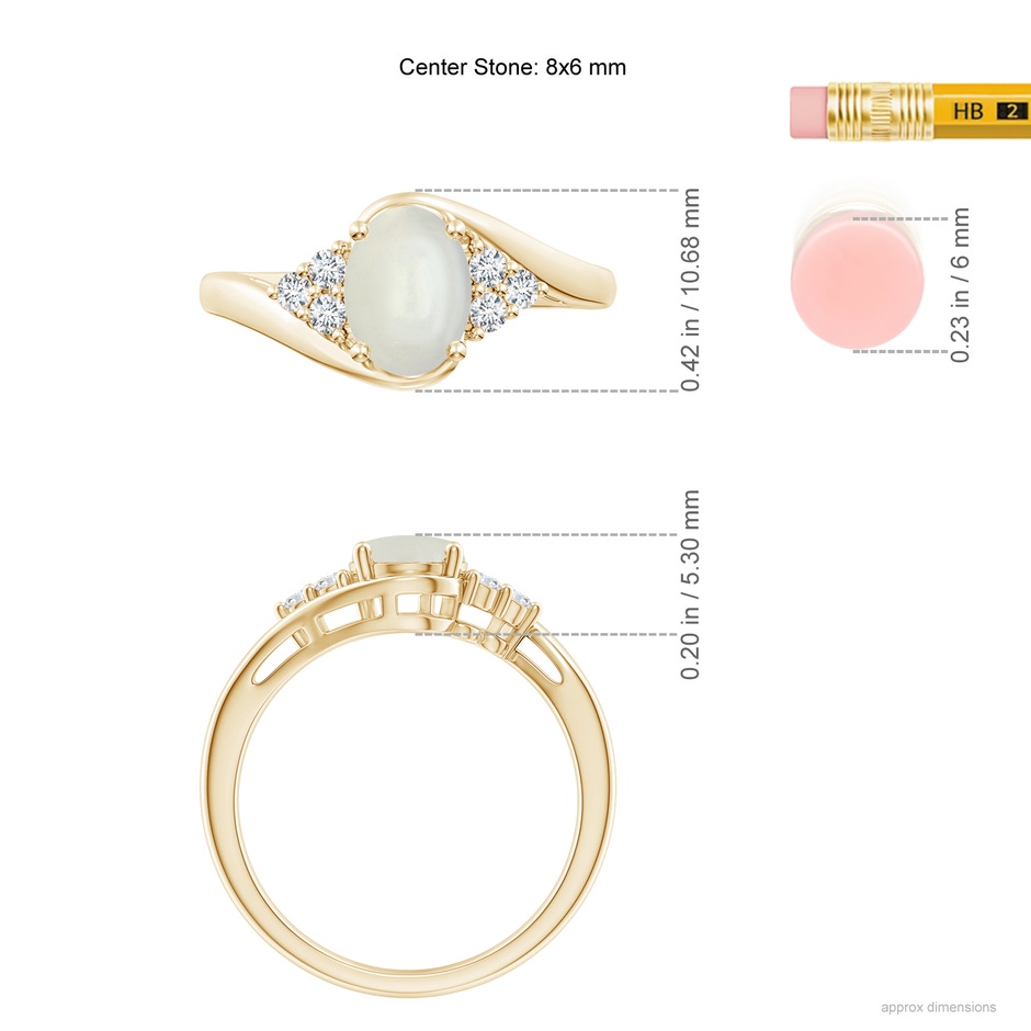 8x6mm AAAA Oval Moonstone Bypass Ring with Trio Diamond Accents in Yellow Gold ruler
