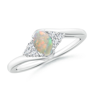 6x4mm AAAA Oval Opal Bypass Ring with Trio Diamond Accents in 9K White Gold