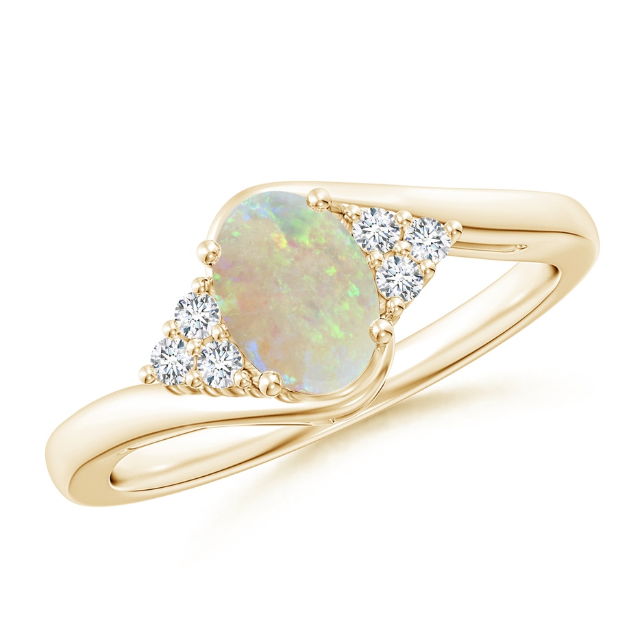 7x5mm AAA Oval Opal Bypass Ring with Trio Diamond Accents in Yellow Gold 