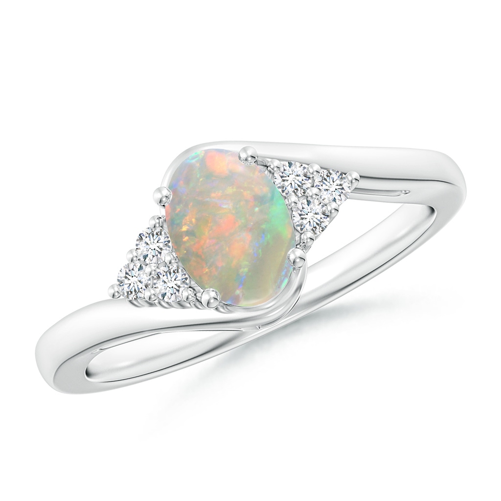 7x5mm AAAA Oval Opal Bypass Ring with Trio Diamond Accents in White Gold