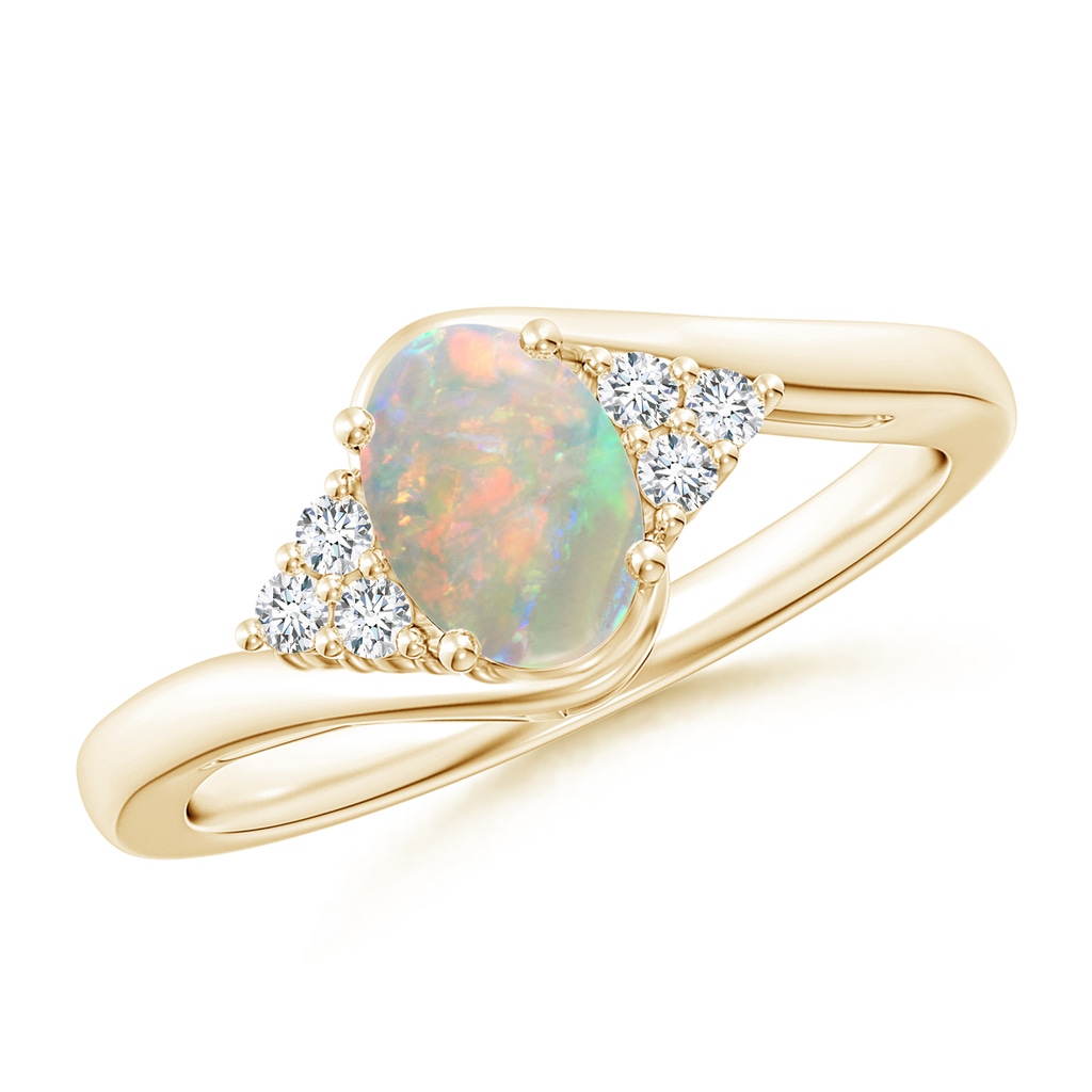 7x5mm AAAA Oval Opal Bypass Ring with Trio Diamond Accents in Yellow Gold