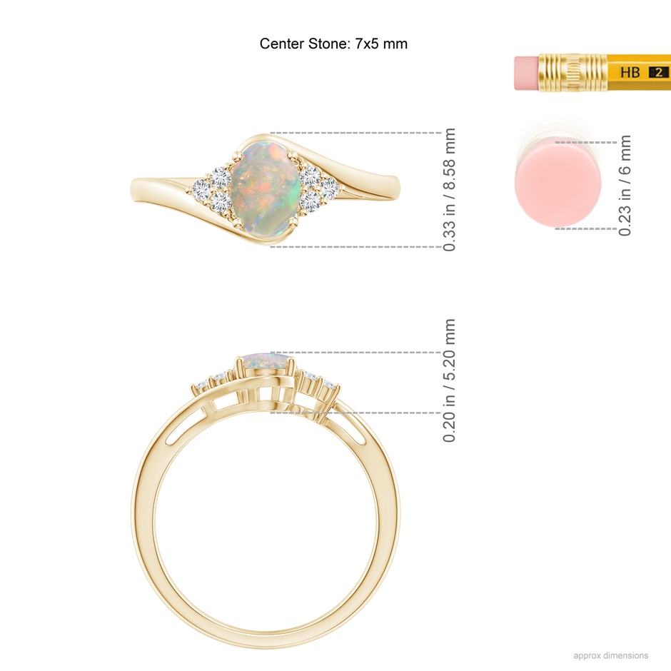 7x5mm AAAA Oval Opal Bypass Ring with Trio Diamond Accents in Yellow Gold ruler