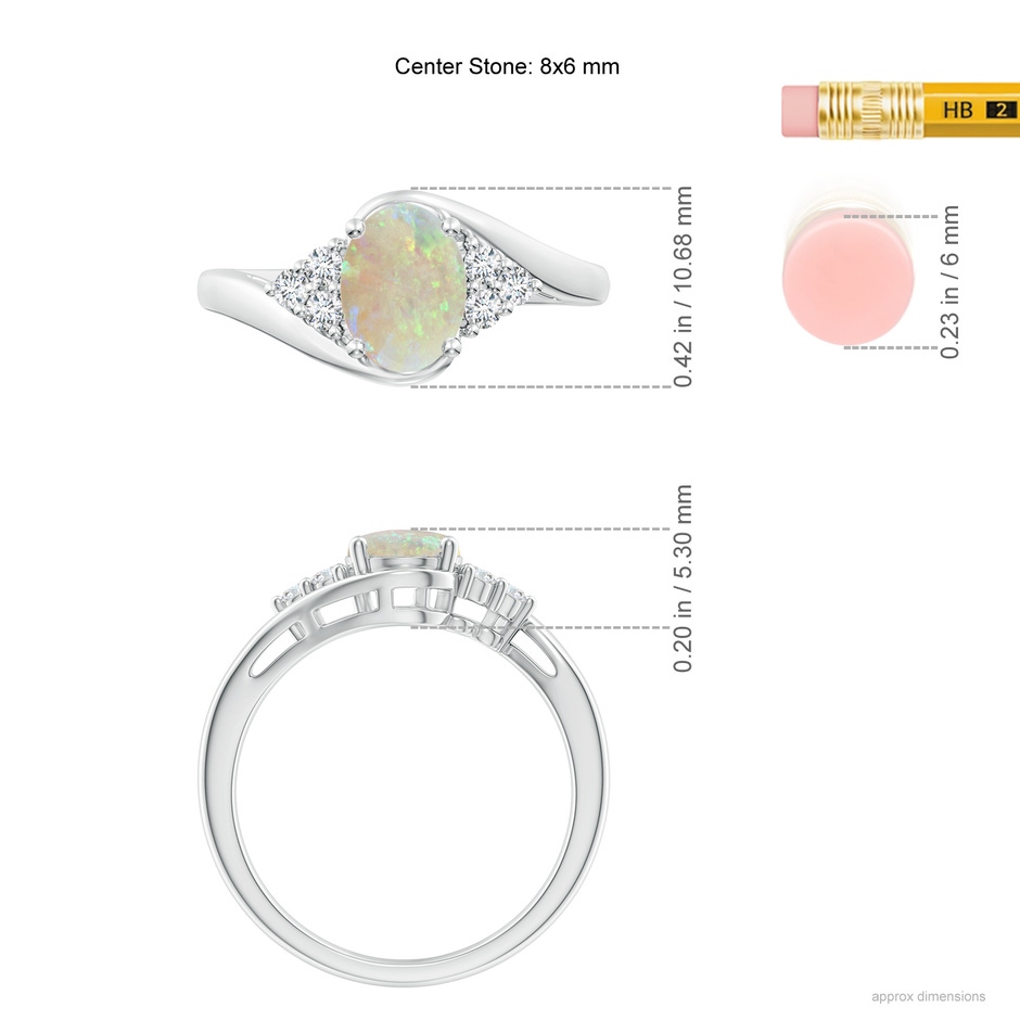 8x6mm AAA Oval Opal Bypass Ring with Trio Diamond Accents in P950 Platinum ruler