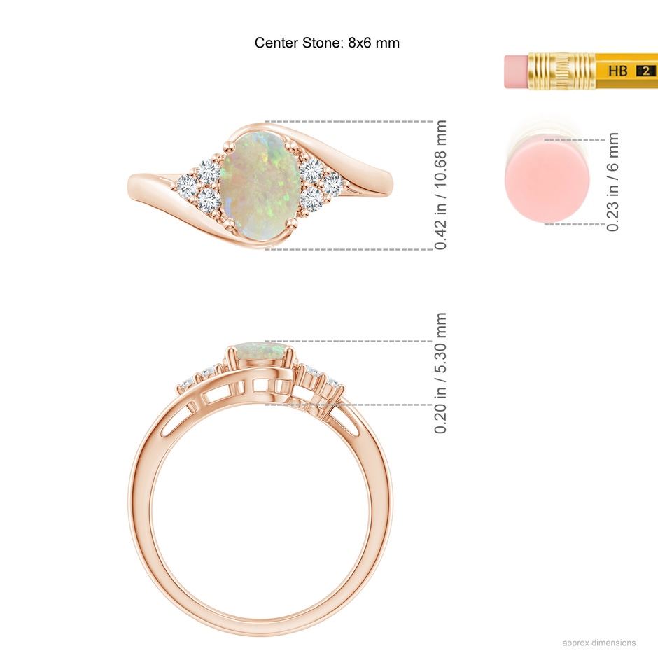 8x6mm AAA Oval Opal Bypass Ring with Trio Diamond Accents in Rose Gold ruler