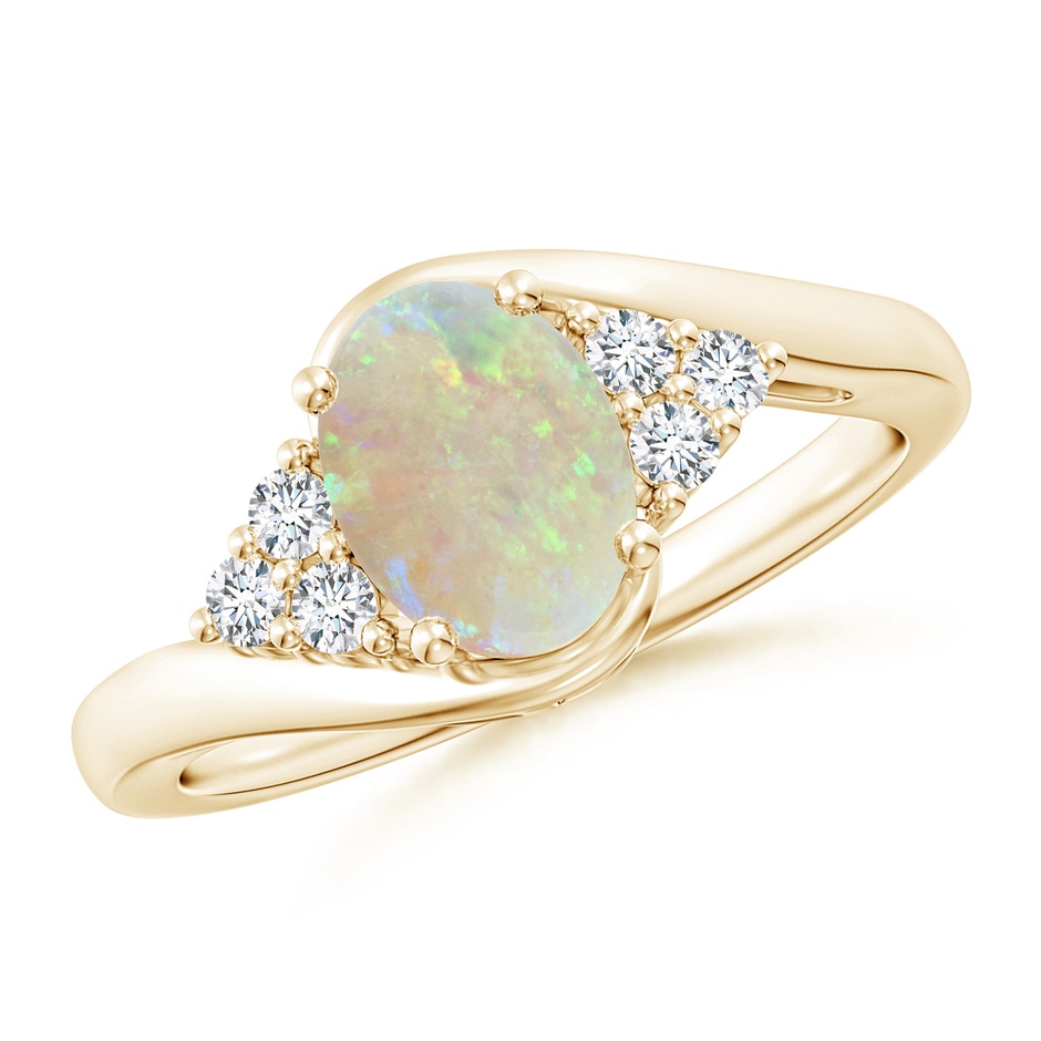 8x6mm AAA Oval Opal Bypass Ring with Trio Diamond Accents in Yellow Gold 
