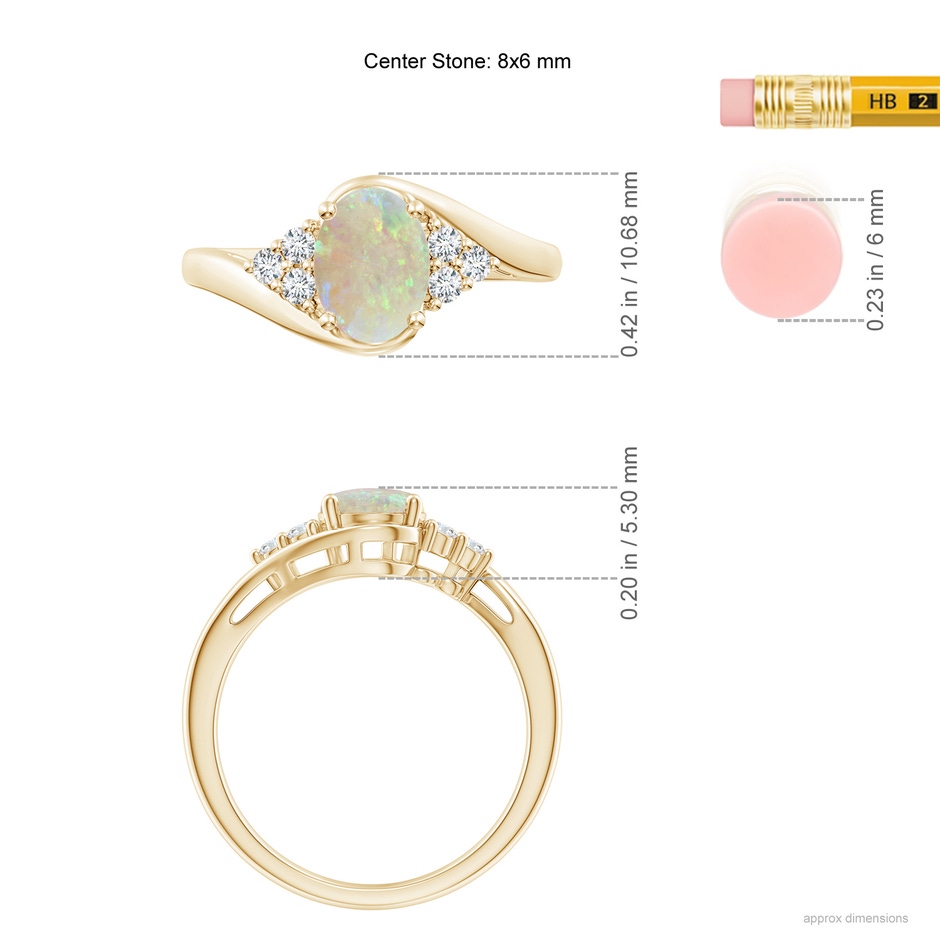 8x6mm AAA Oval Opal Bypass Ring with Trio Diamond Accents in Yellow Gold ruler
