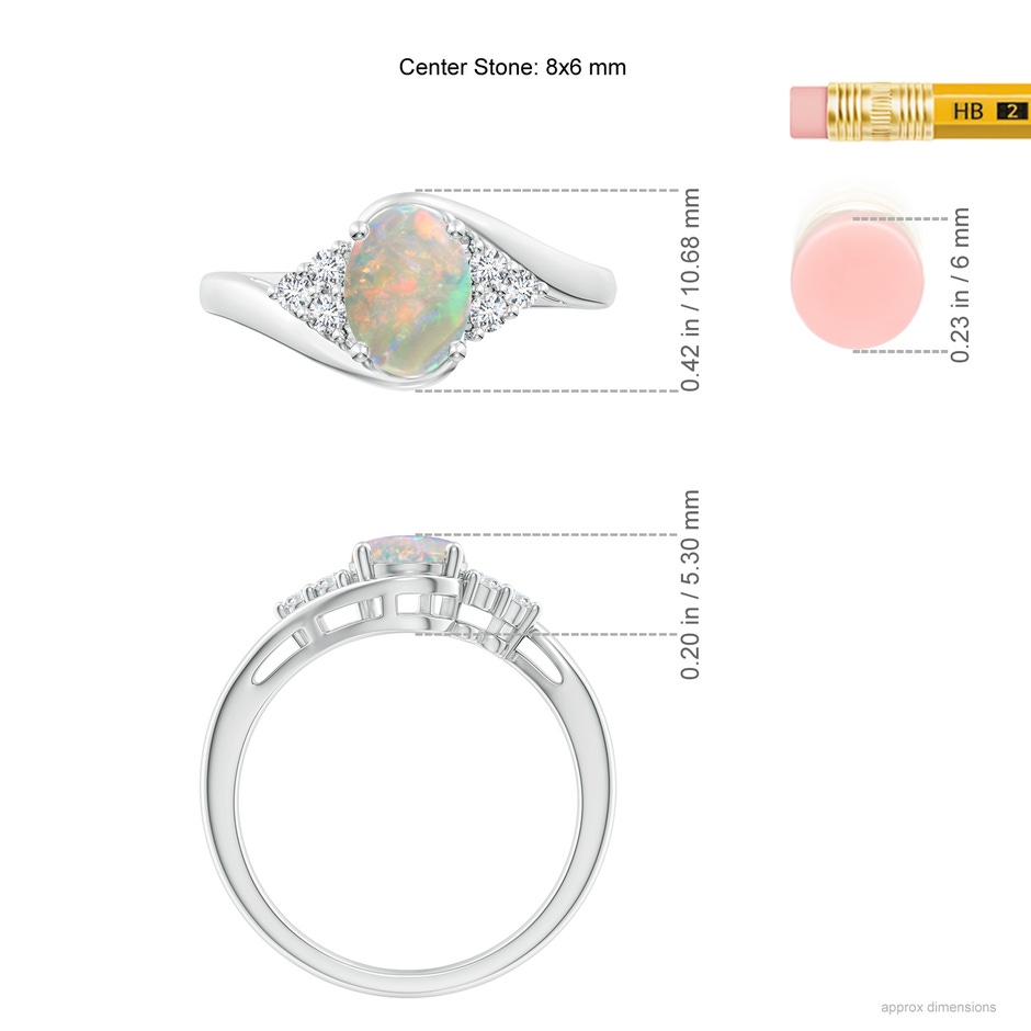 8x6mm AAAA Oval Opal Bypass Ring with Trio Diamond Accents in P950 Platinum ruler