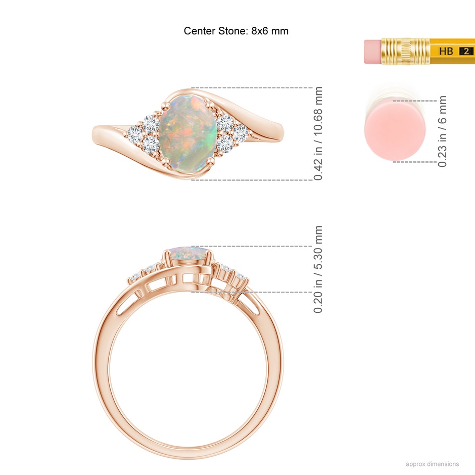 8x6mm AAAA Oval Opal Bypass Ring with Trio Diamond Accents in Rose Gold ruler