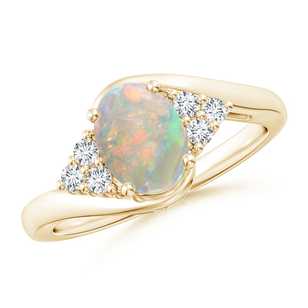 8x6mm AAAA Oval Opal Bypass Ring with Trio Diamond Accents in Yellow Gold