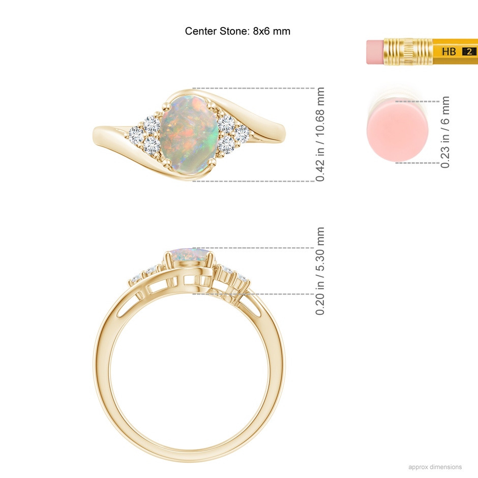 8x6mm AAAA Oval Opal Bypass Ring with Trio Diamond Accents in Yellow Gold ruler