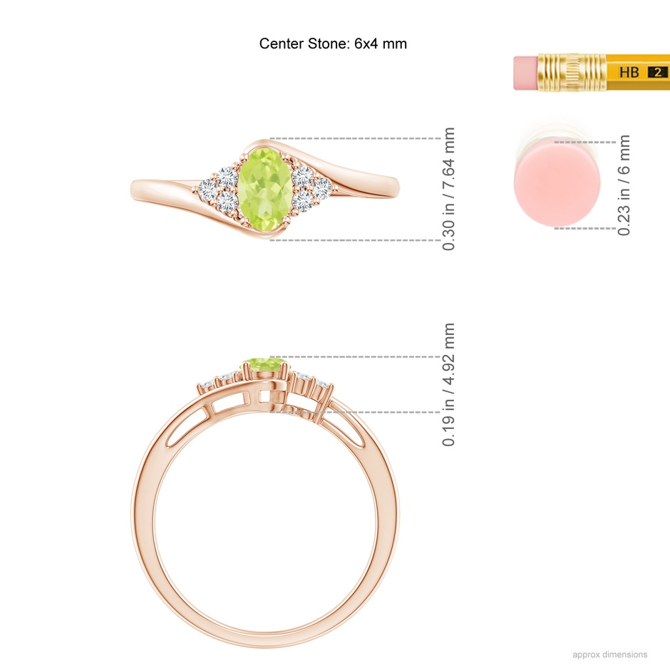 6x4mm A Oval Peridot Bypass Ring with Trio Diamond Accents in Rose Gold ruler
