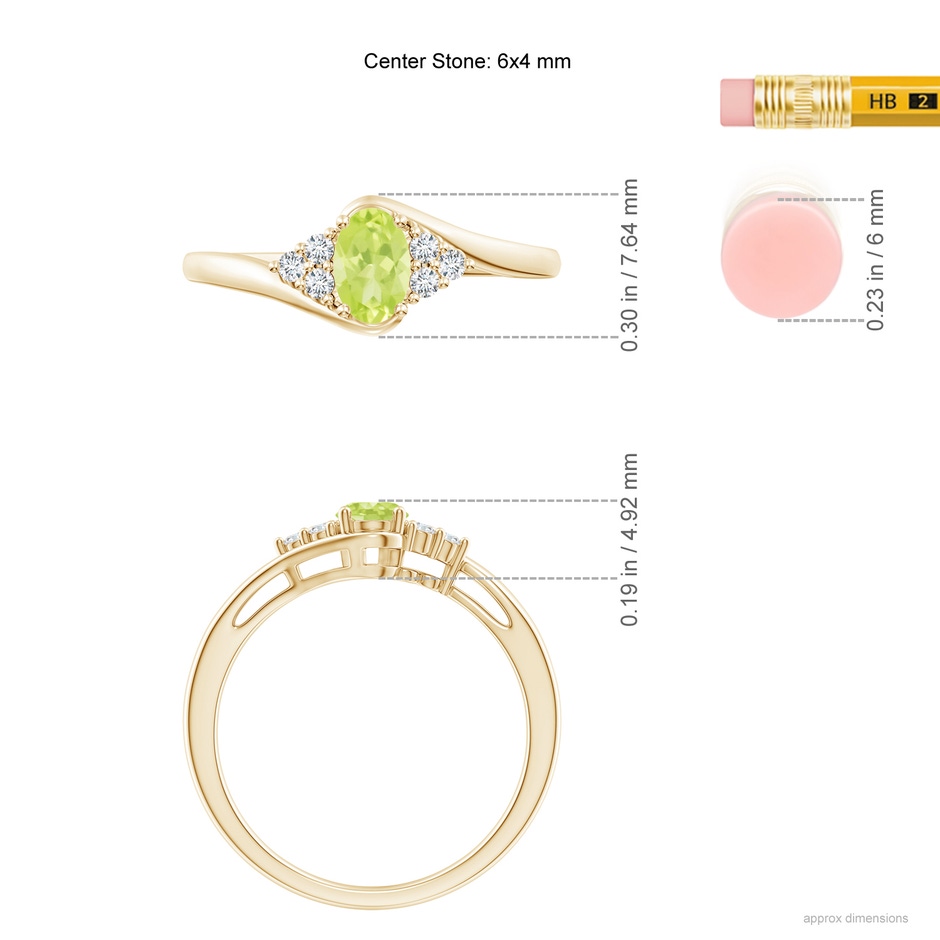 6x4mm A Oval Peridot Bypass Ring with Trio Diamond Accents in Yellow Gold ruler