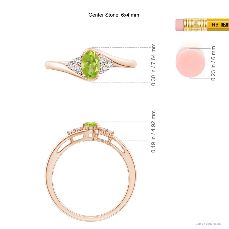 6x4mm AA Oval Peridot Bypass Ring with Trio Diamond Accents in Rose Gold ruler