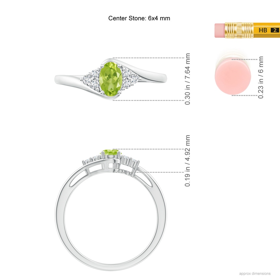 6x4mm AA Oval Peridot Bypass Ring with Trio Diamond Accents in White Gold ruler
