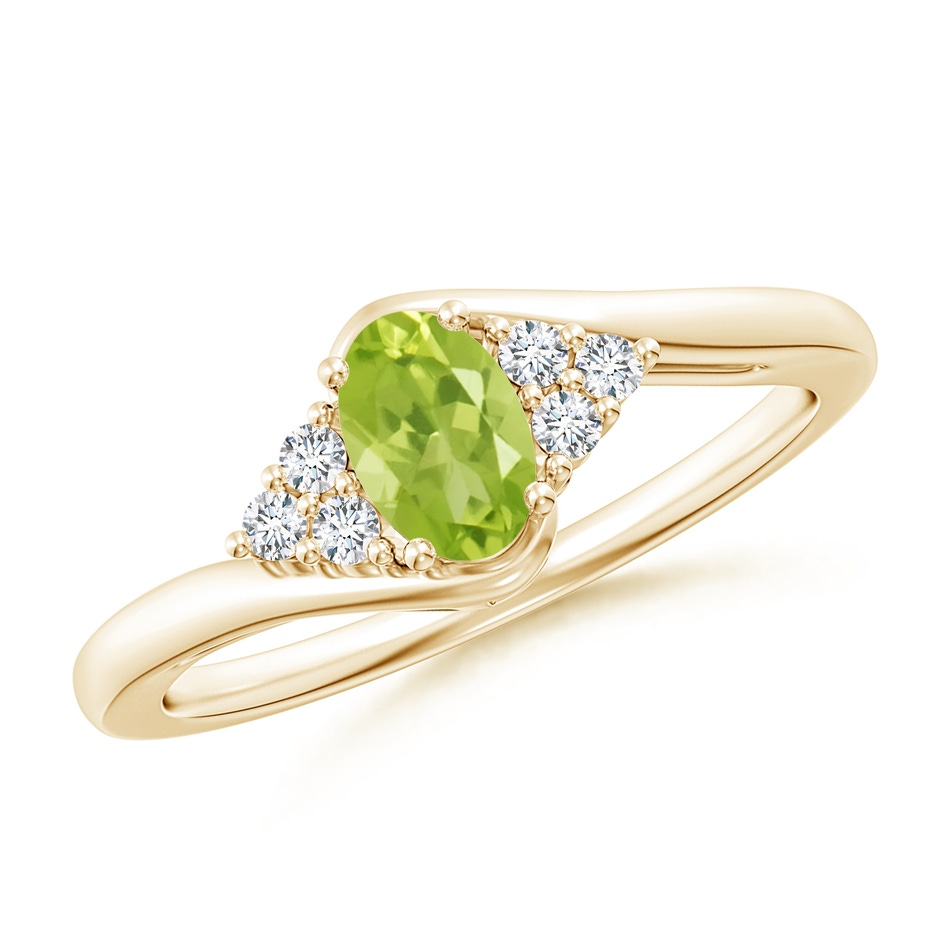 6x4mm AA Oval Peridot Bypass Ring with Trio Diamond Accents in Yellow Gold 