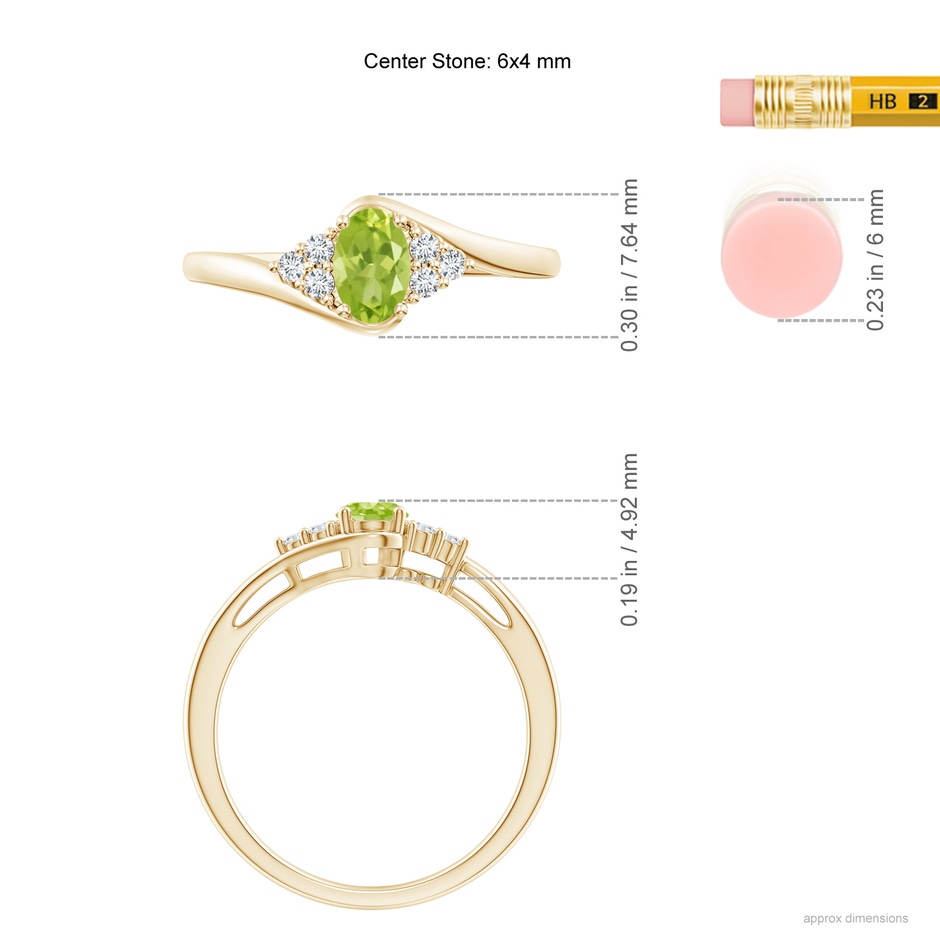 6x4mm AA Oval Peridot Bypass Ring with Trio Diamond Accents in Yellow Gold ruler