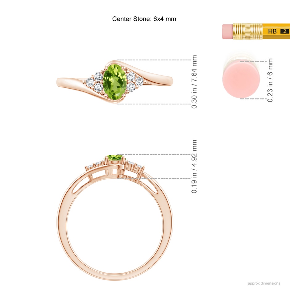 6x4mm AAA Oval Peridot Bypass Ring with Trio Diamond Accents in Rose Gold ruler