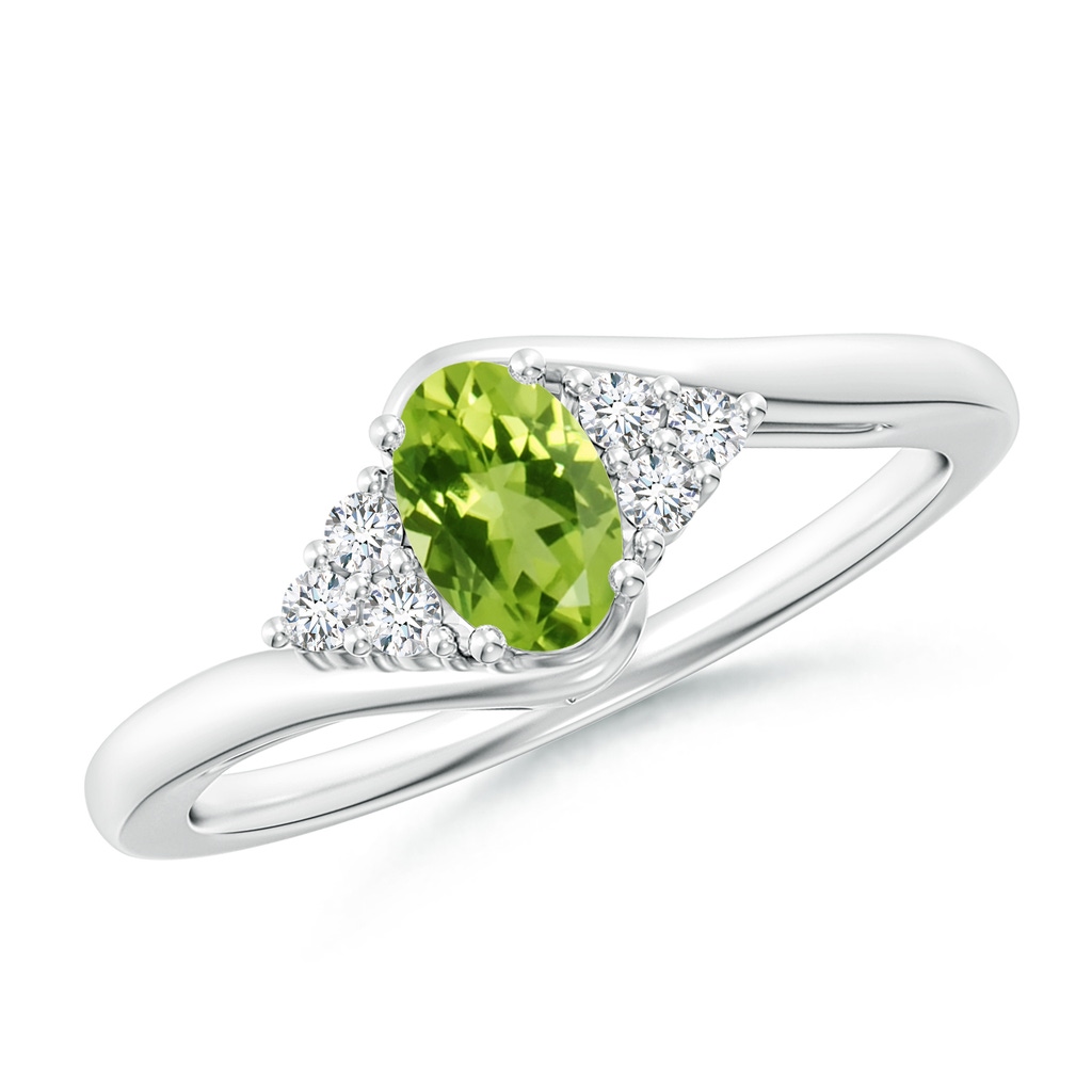 6x4mm AAA Oval Peridot Bypass Ring with Trio Diamond Accents in White Gold