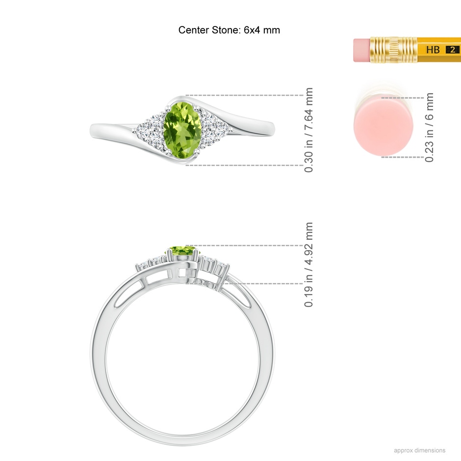 6x4mm AAA Oval Peridot Bypass Ring with Trio Diamond Accents in White Gold ruler