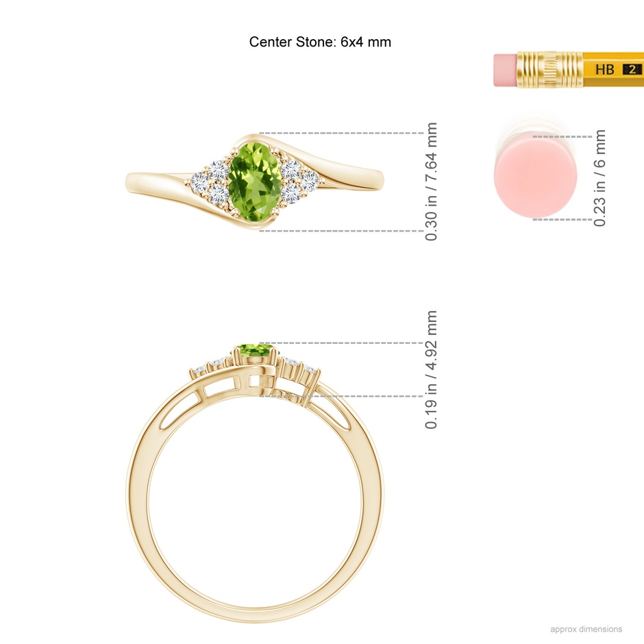 6x4mm AAA Oval Peridot Bypass Ring with Trio Diamond Accents in Yellow Gold ruler