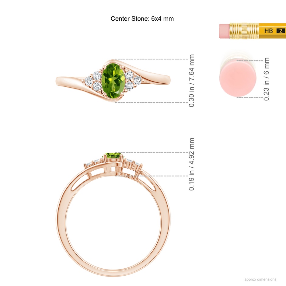 6x4mm AAAA Oval Peridot Bypass Ring with Trio Diamond Accents in Rose Gold ruler