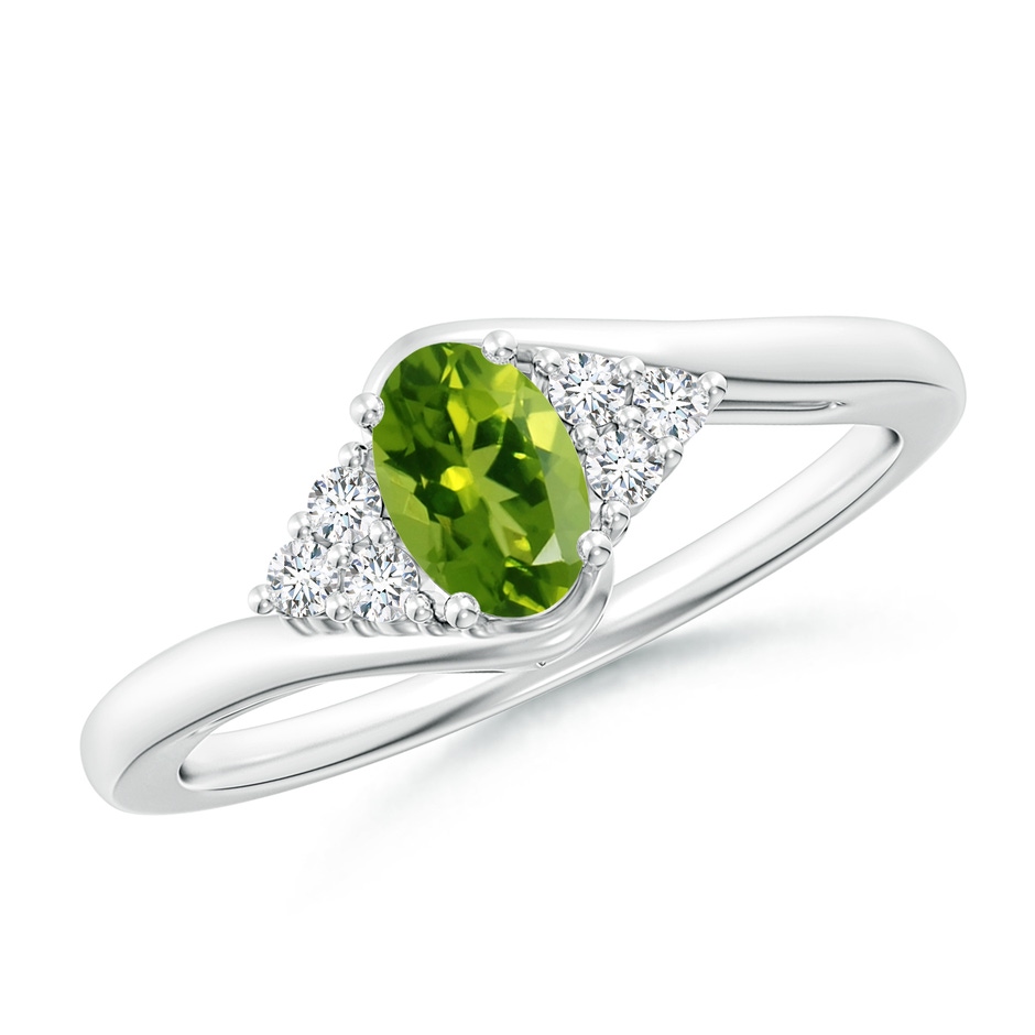 6x4mm AAAA Oval Peridot Bypass Ring with Trio Diamond Accents in White Gold 