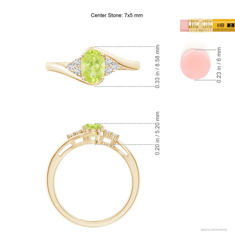 7x5mm A Oval Peridot Bypass Ring with Trio Diamond Accents in Yellow Gold ruler