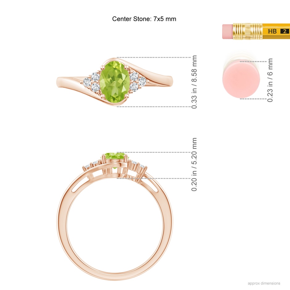 7x5mm AA Oval Peridot Bypass Ring with Trio Diamond Accents in Rose Gold ruler