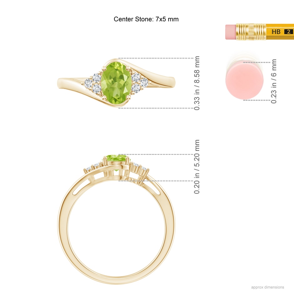 7x5mm AA Oval Peridot Bypass Ring with Trio Diamond Accents in Yellow Gold ruler