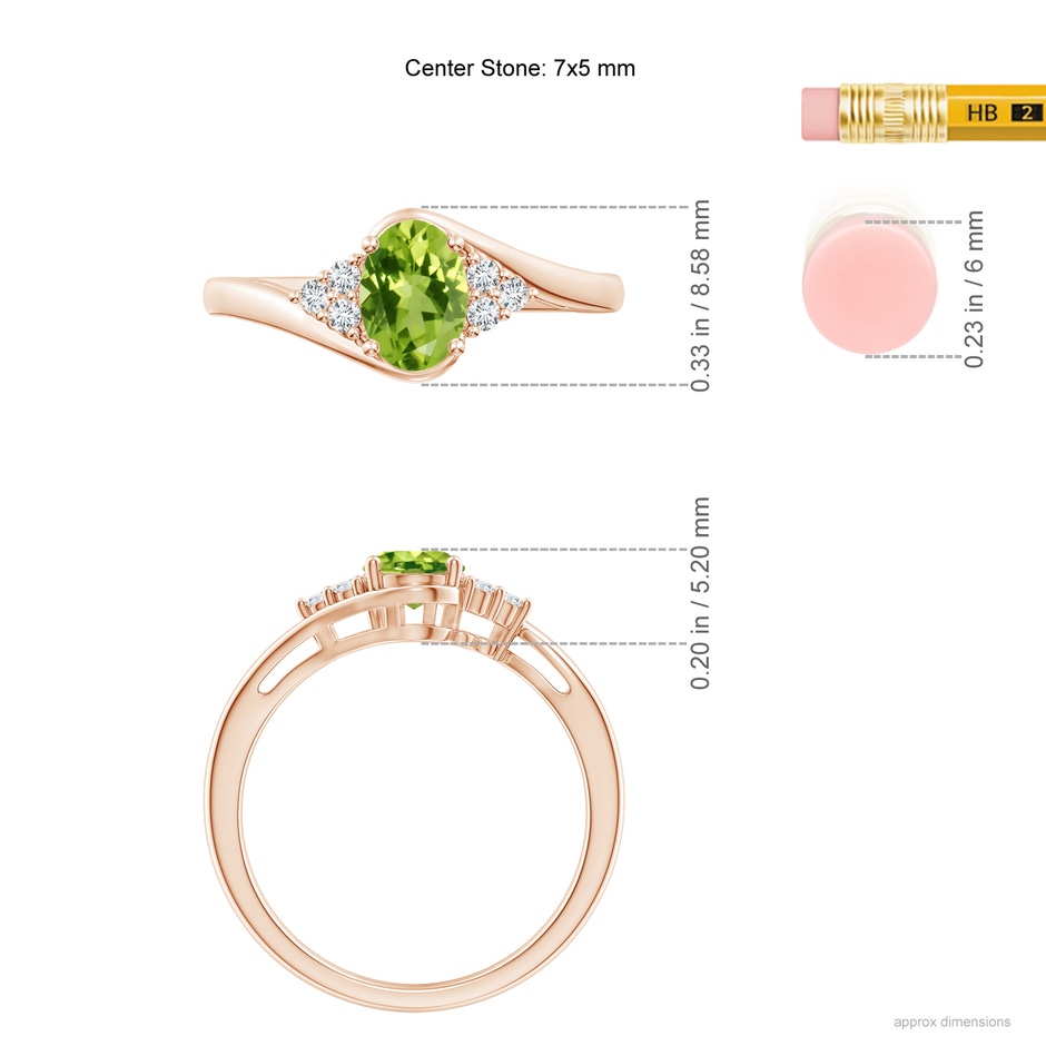 7x5mm AAA Oval Peridot Bypass Ring with Trio Diamond Accents in Rose Gold ruler