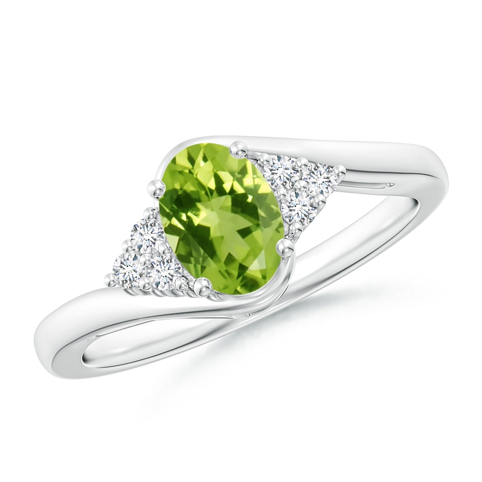 7x5mm AAA Oval Peridot Bypass Ring with Trio Diamond Accents in White Gold 
