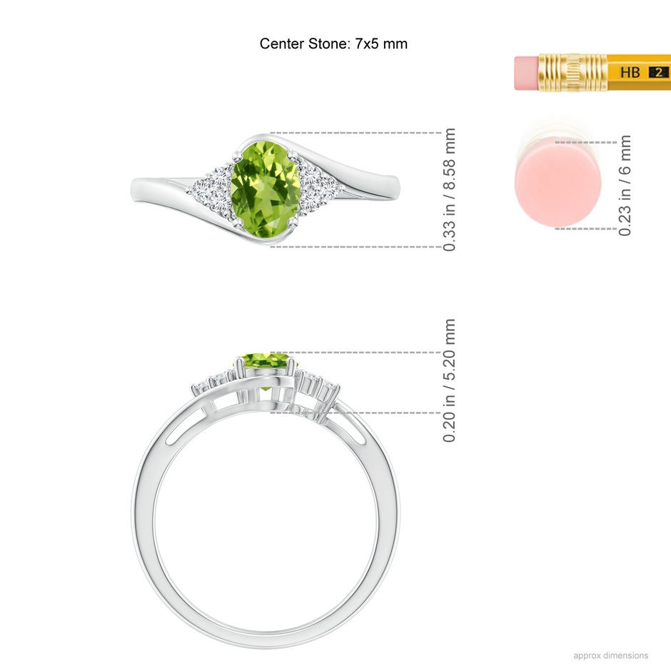 7x5mm AAA Oval Peridot Bypass Ring with Trio Diamond Accents in White Gold ruler