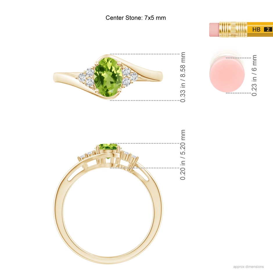 7x5mm AAA Oval Peridot Bypass Ring with Trio Diamond Accents in Yellow Gold ruler