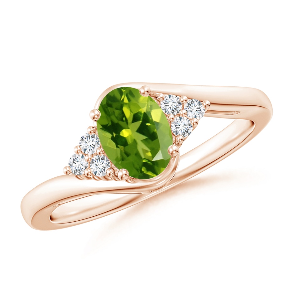 7x5mm AAAA Oval Peridot Bypass Ring with Trio Diamond Accents in Rose Gold 