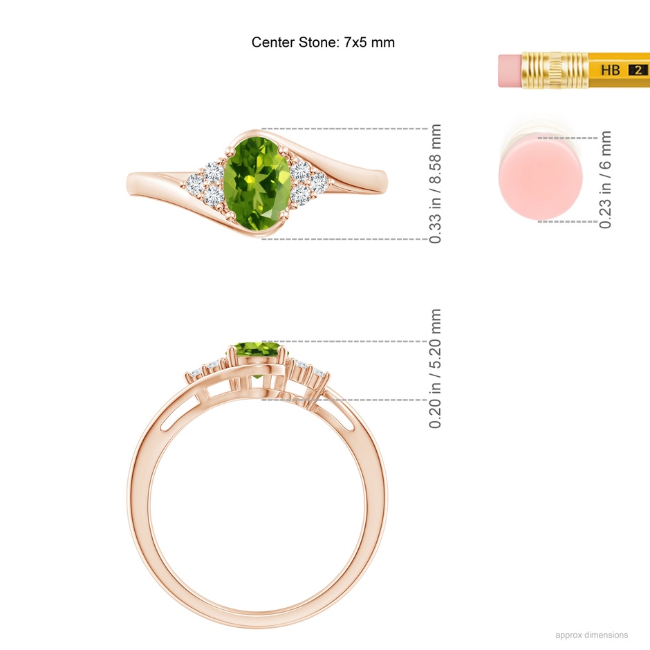 7x5mm AAAA Oval Peridot Bypass Ring with Trio Diamond Accents in Rose Gold ruler