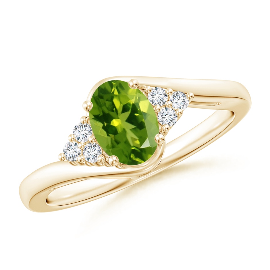 7x5mm AAAA Oval Peridot Bypass Ring with Trio Diamond Accents in Yellow Gold 