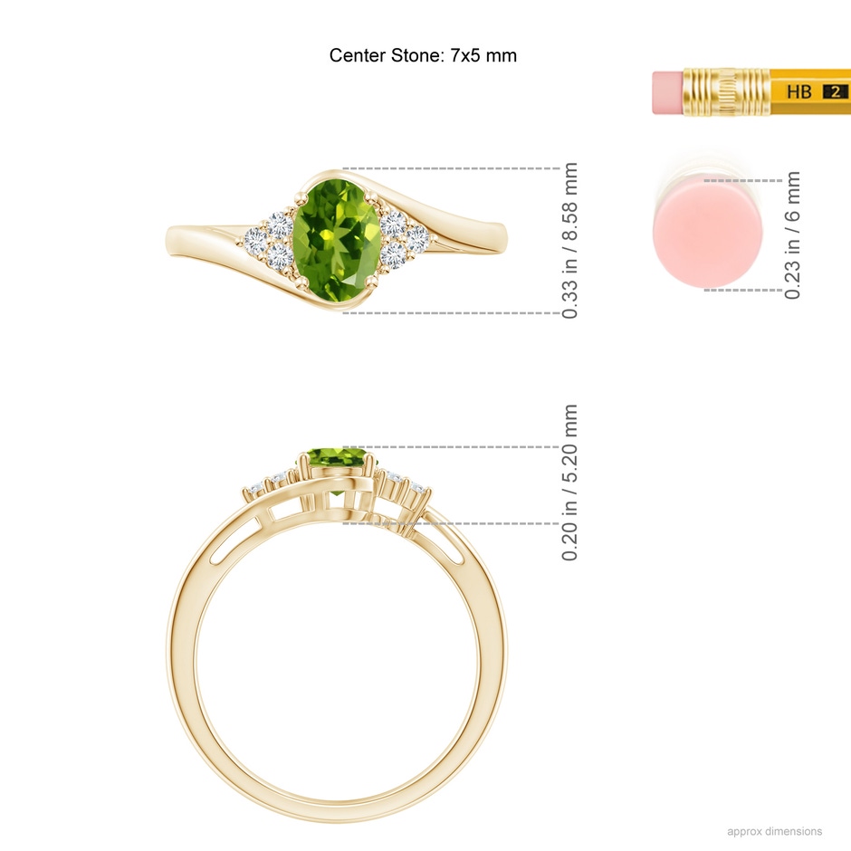7x5mm AAAA Oval Peridot Bypass Ring with Trio Diamond Accents in Yellow Gold ruler
