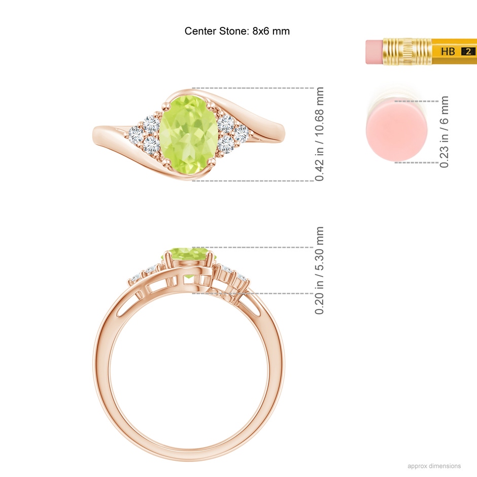 8x6mm A Oval Peridot Bypass Ring with Trio Diamond Accents in Rose Gold ruler