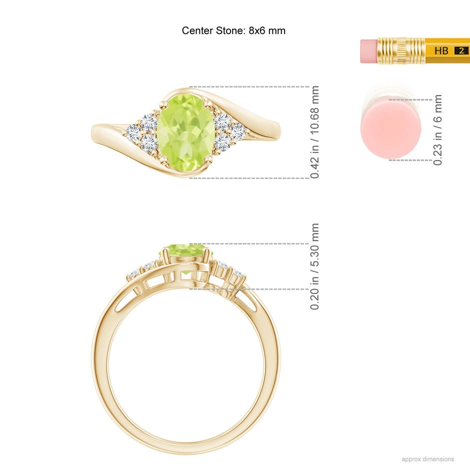 8x6mm A Oval Peridot Bypass Ring with Trio Diamond Accents in Yellow Gold ruler