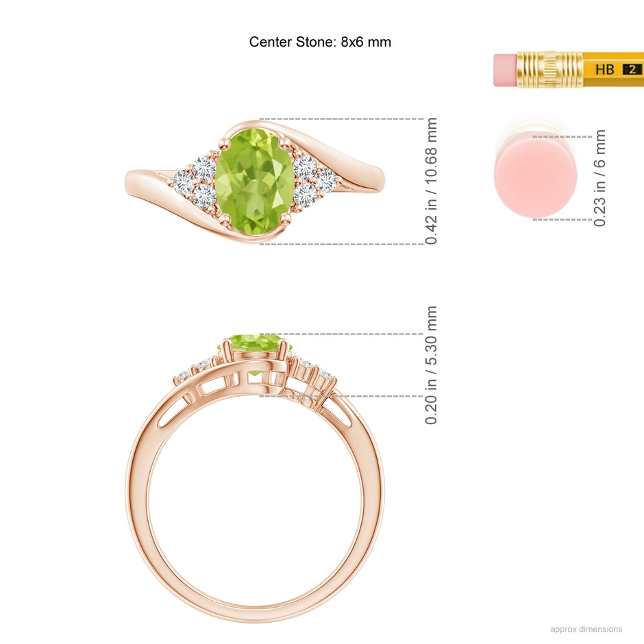 8x6mm AA Oval Peridot Bypass Ring with Trio Diamond Accents in Rose Gold ruler
